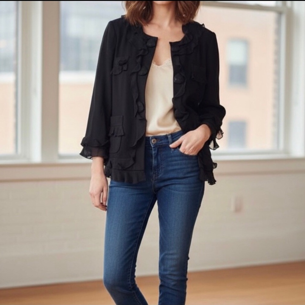 Rebecca Taylor Ruffle Blazer Jacket Black Silk Linen 8 New Romantic Designer Y2K